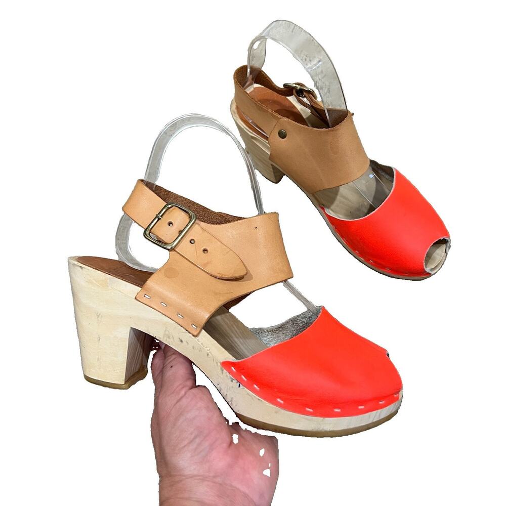 BRYR Clogs Size 36 Miranda Wooden Clog Sandals Leather Peep Toe Orange Tan Boho